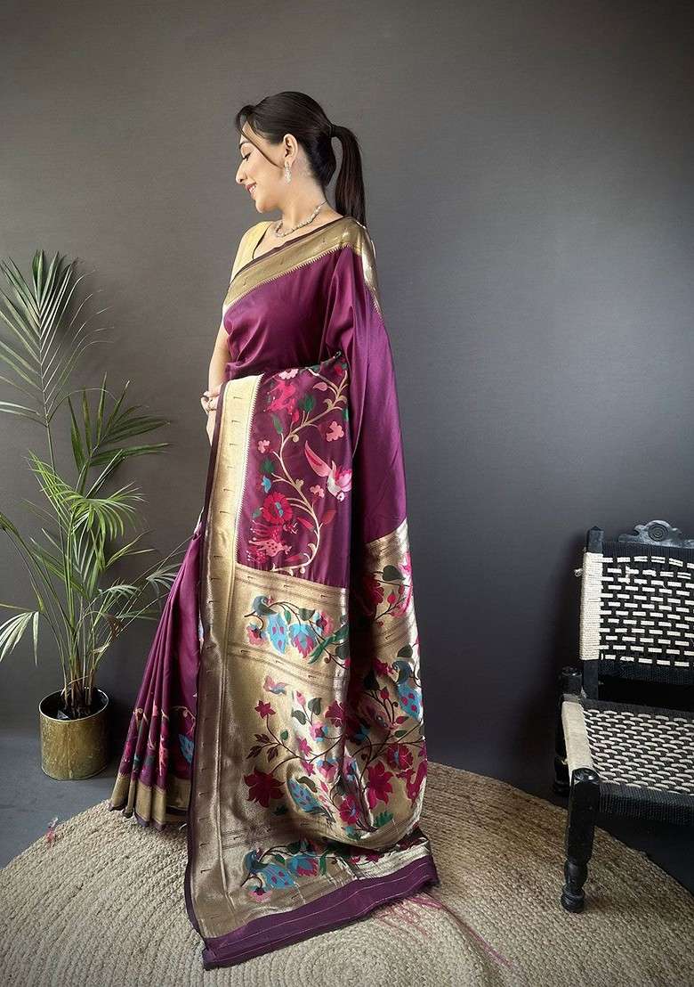 Purple Zari Printed Blended Saree Set - Indya