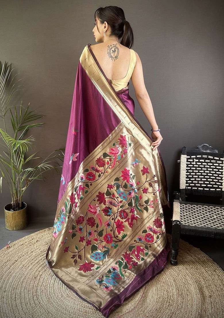 Purple Zari Printed Blended Saree Set - Indya