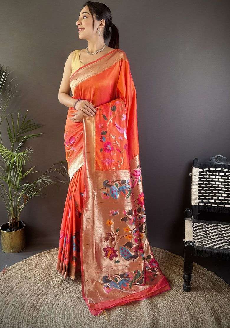 Orange Zari Printed Blended Saree Set - Indya