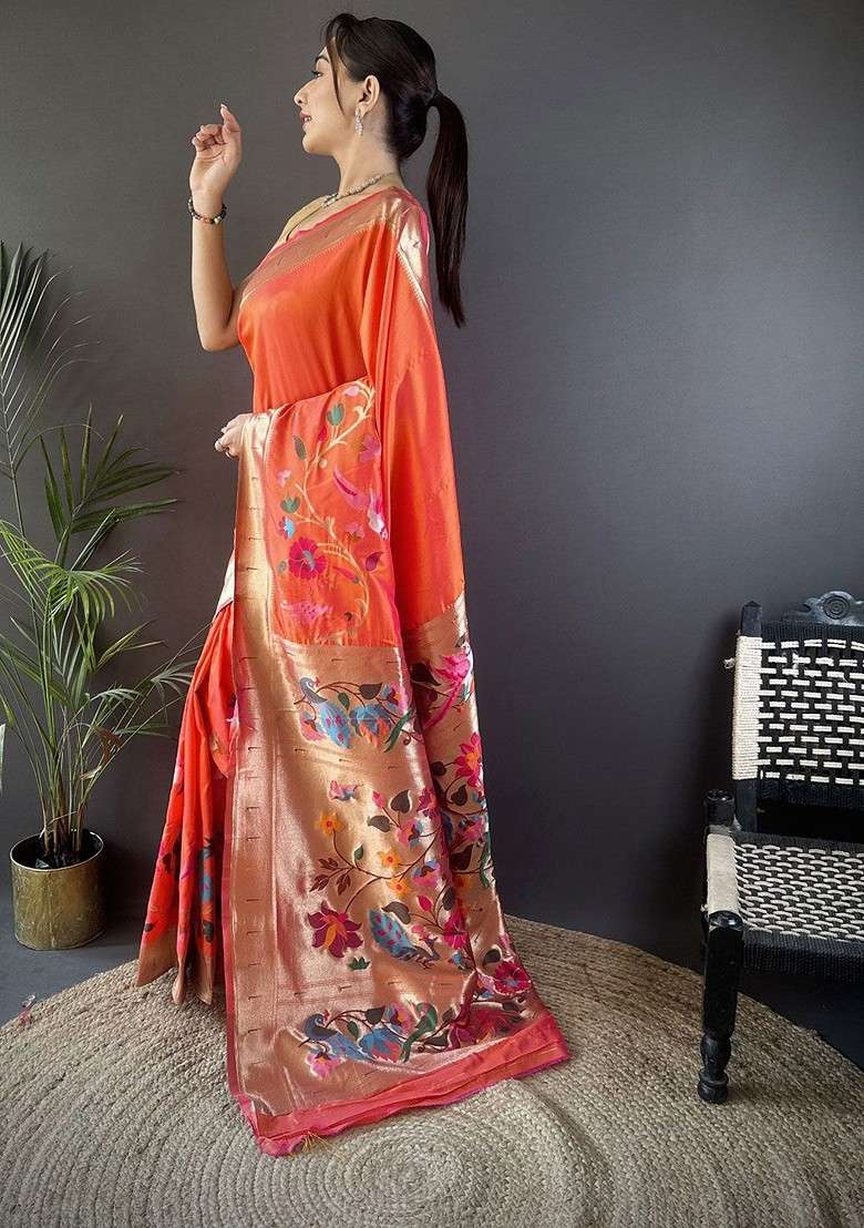 Orange Zari Printed Blended Saree Set - Indya