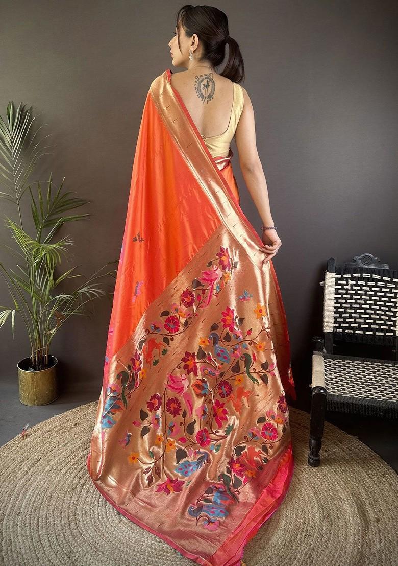 Orange Zari Printed Blended Saree Set - Indya