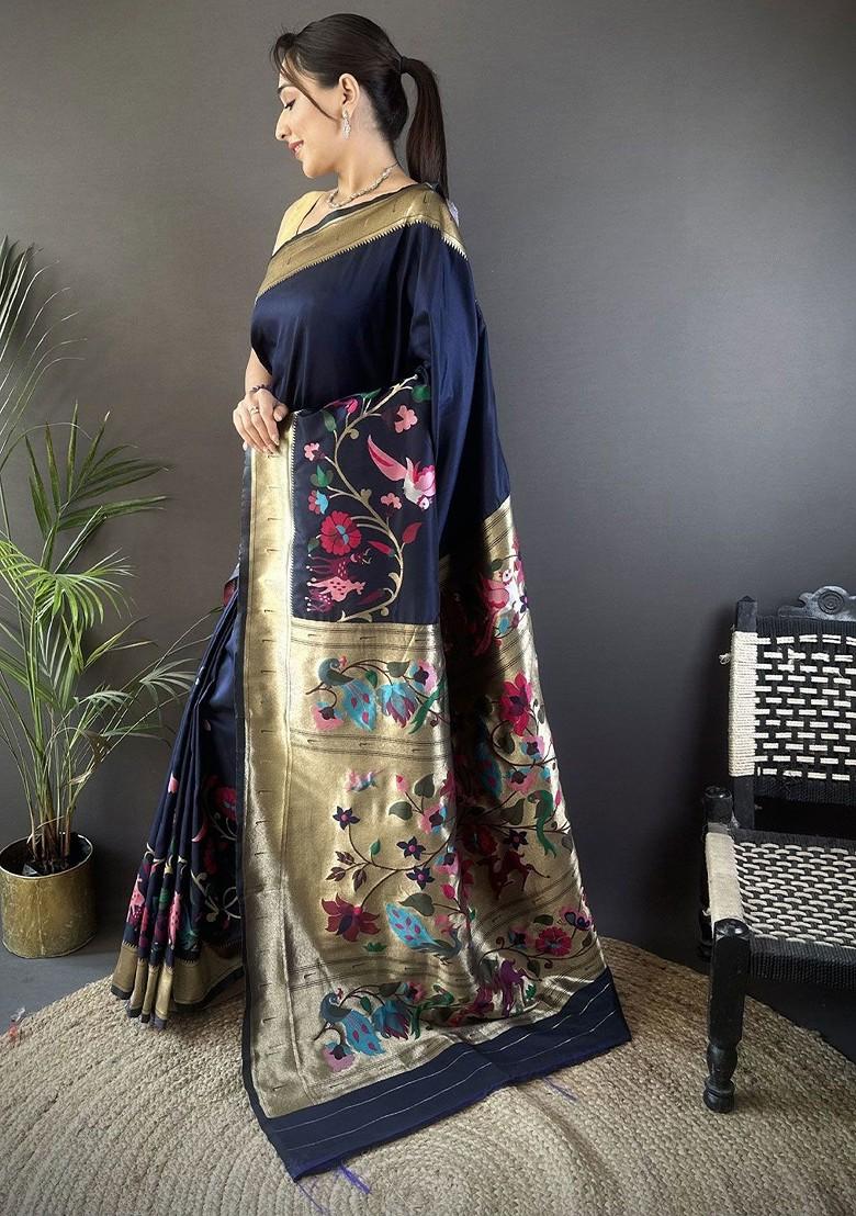 Blue Printed Blended Saree Set - Indya