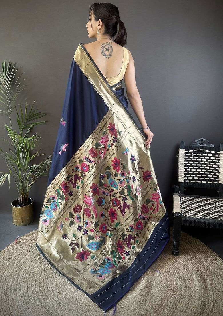 Blue Printed Blended Saree Set - Indya