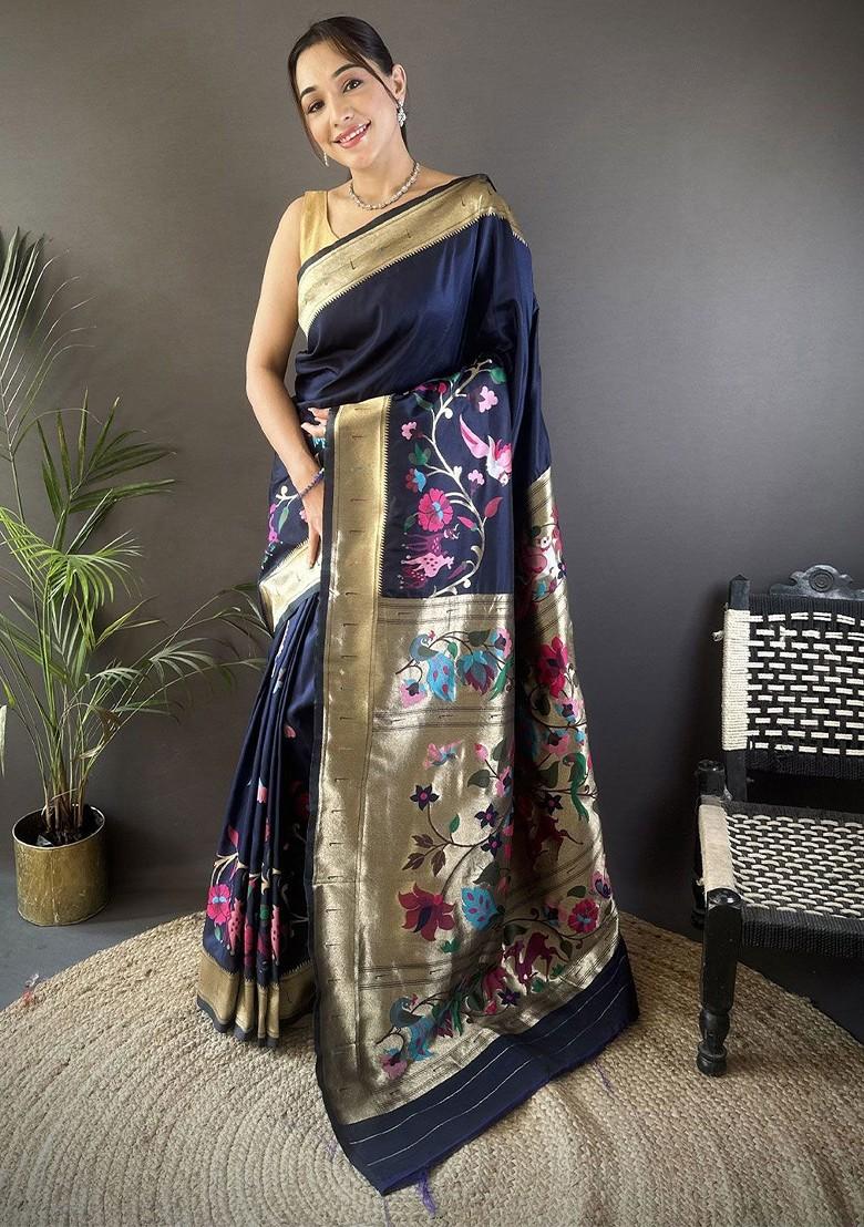 Blue Printed Blended Saree Set - Indya