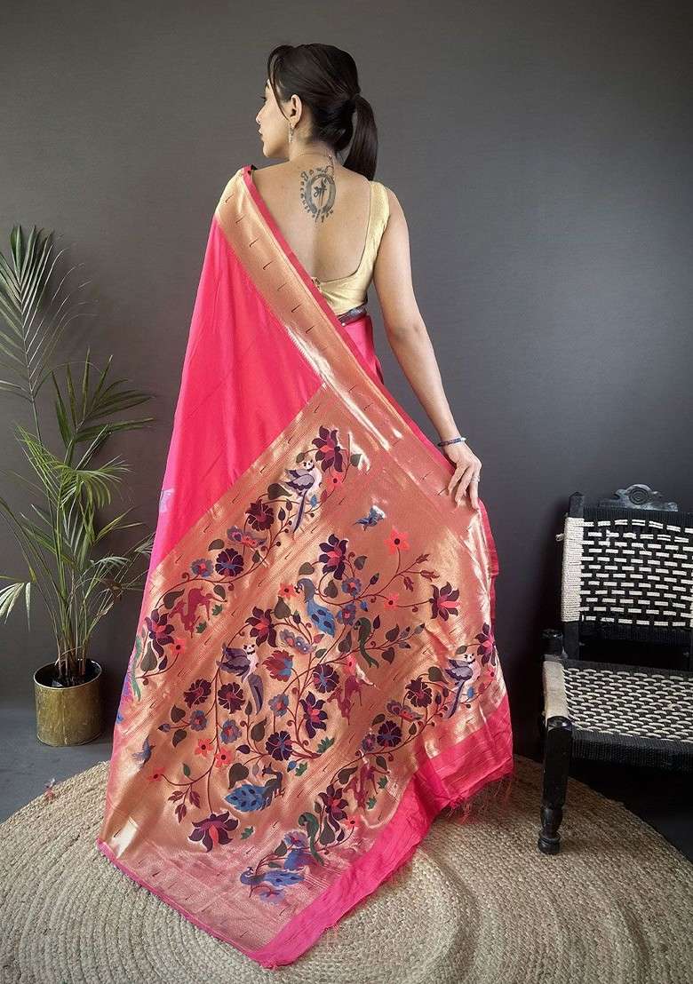 Pink Zari Printed Blended Saree Set - Indya