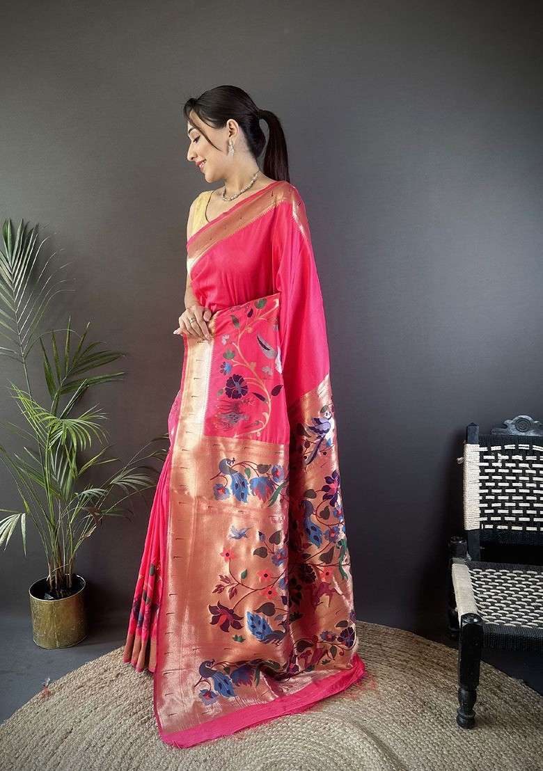 Pink Zari Printed Blended Saree Set - Indya