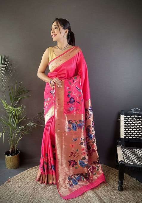 Pink Zari Printed Blended Saree Set