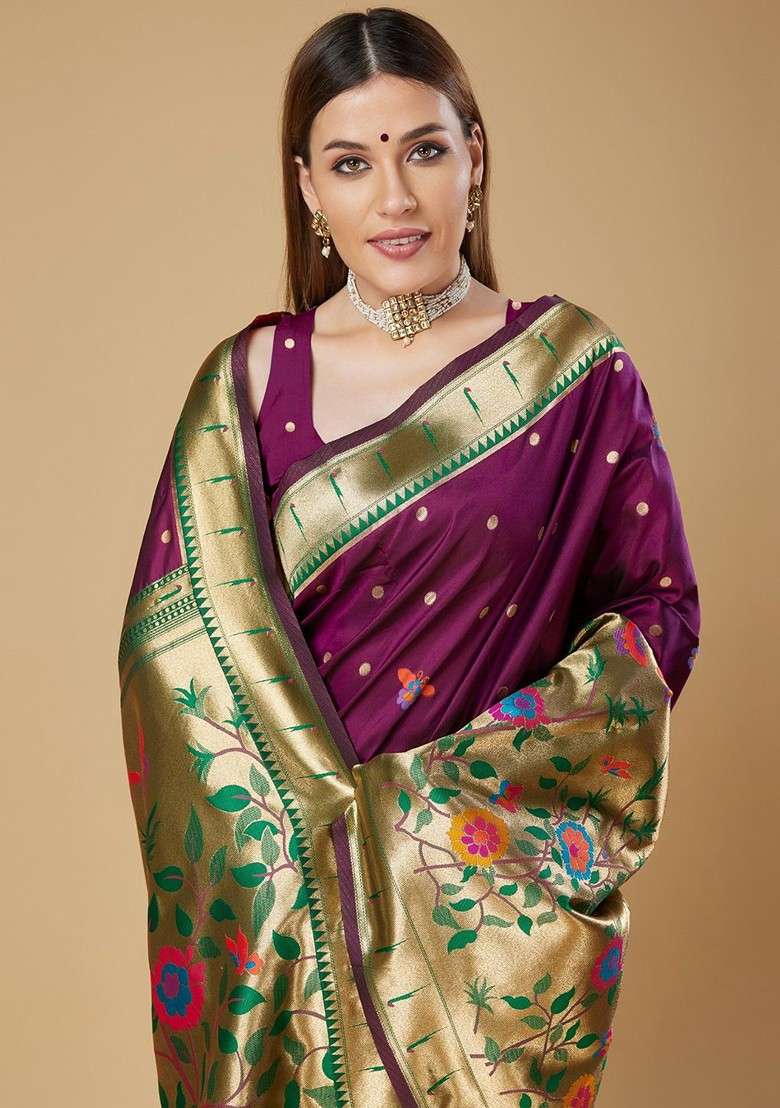 Purple Zari Printed Blended Saree Set - Indya