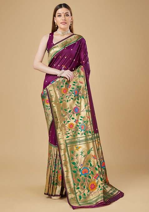 Purple Zari Printed Blended Saree Set