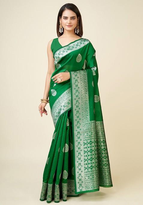 Green Zari Printed Blended Saree Set
