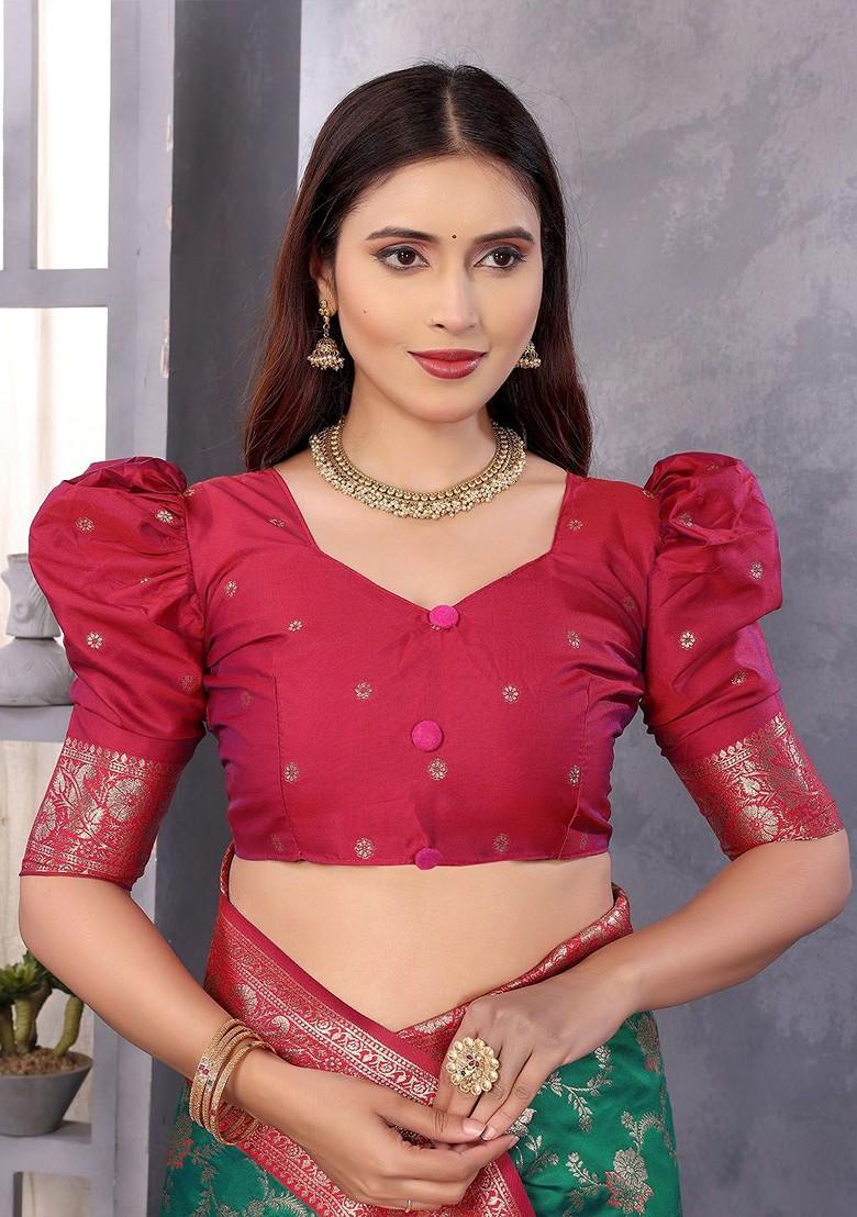 Green Zari Printed Blended Saree Set - Indya