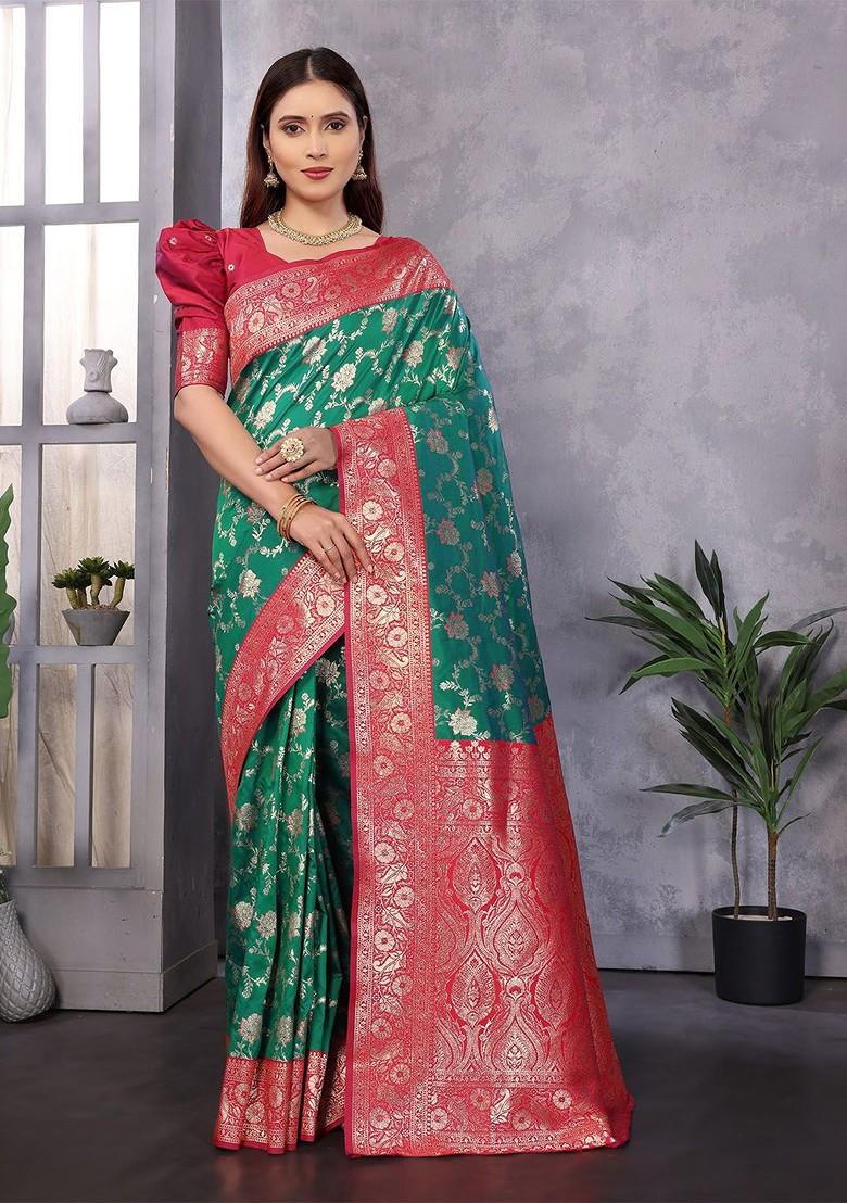 Green Zari Printed Blended Saree Set - Indya