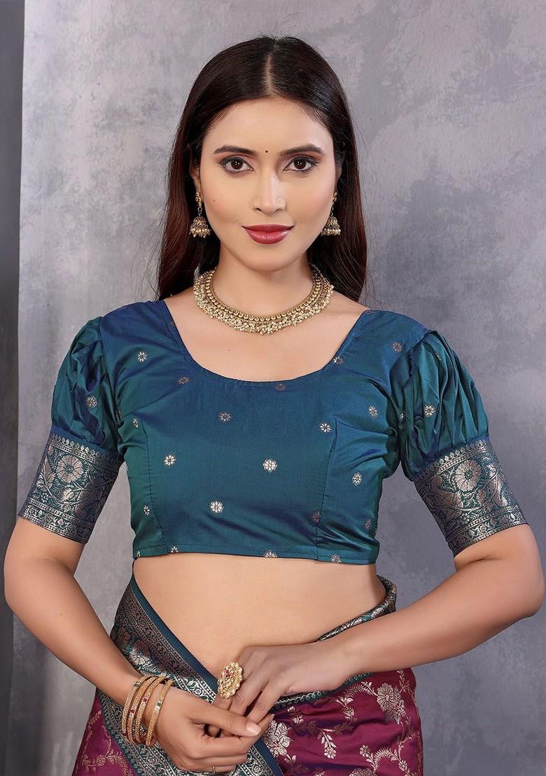 Burgundy Zari Printed Blended Saree Set - Indya