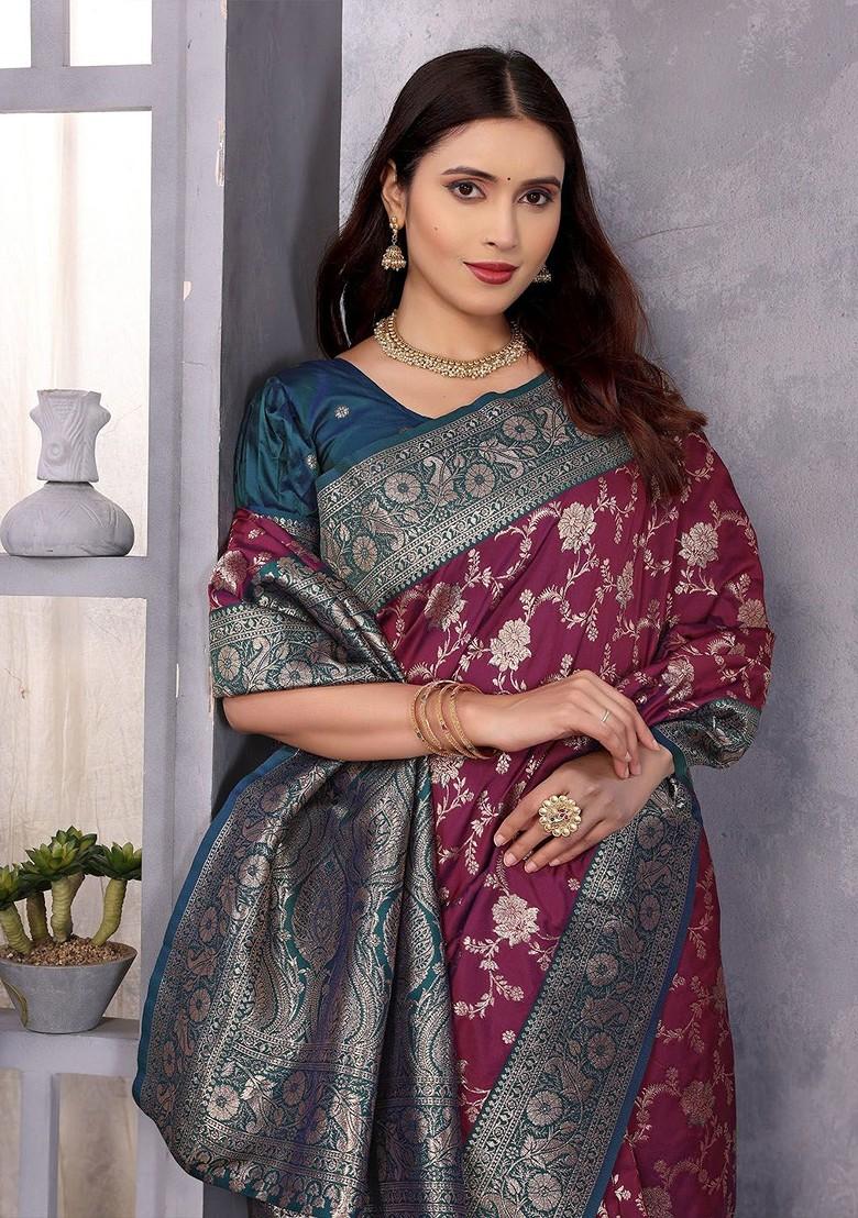 Burgundy Zari Printed Blended Saree Set - Indya