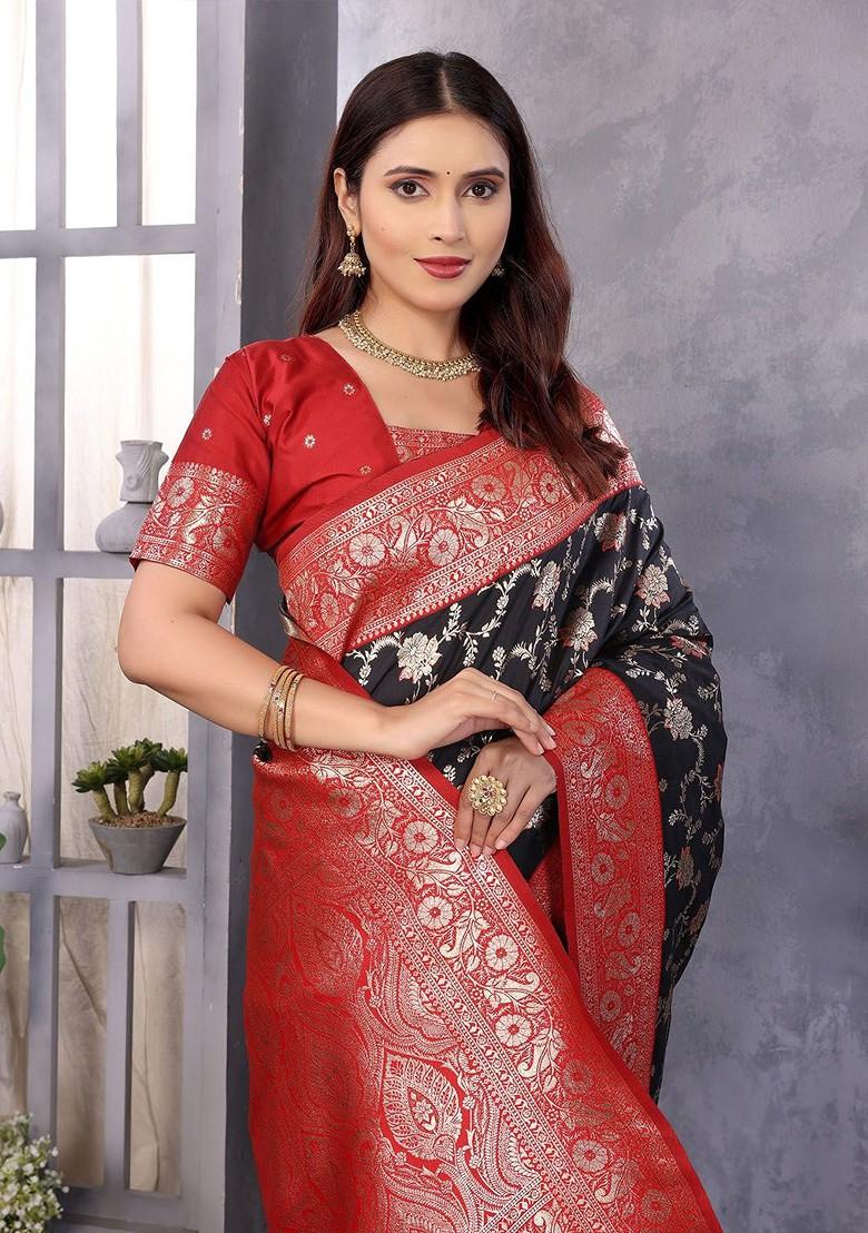 Black Zari Printed Blended Saree Set - Indya