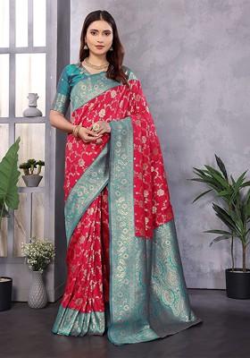 Pink Zari Printed Blended Saree Set