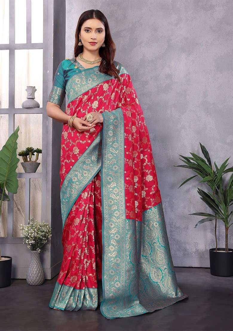 Pink Zari Blended Saree Set with Printed for Diwali | Wedding & Festive Wear - Indya