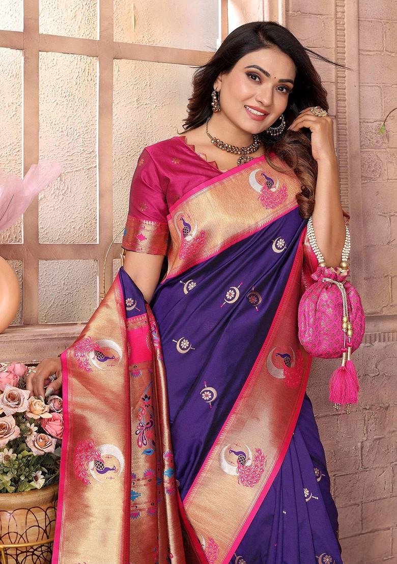 Violet Zari Printed Blended Saree Set - Indya
