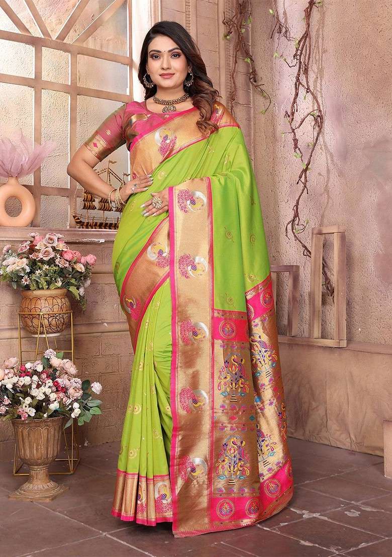 Green Zari Printed Blended Saree Set for Diwali and Festive Wear - Indya