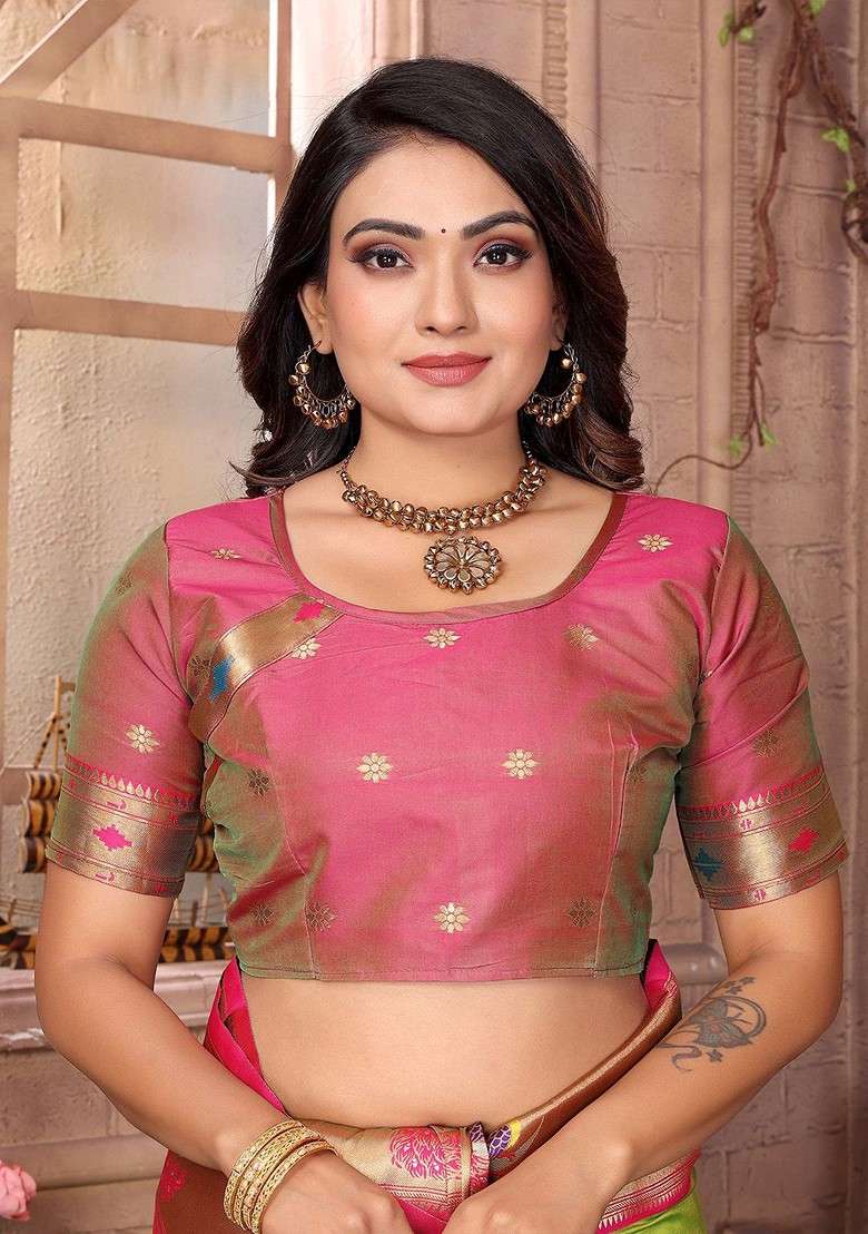 Green Zari Printed Blended Saree Set for Diwali and Festive Wear - Indya