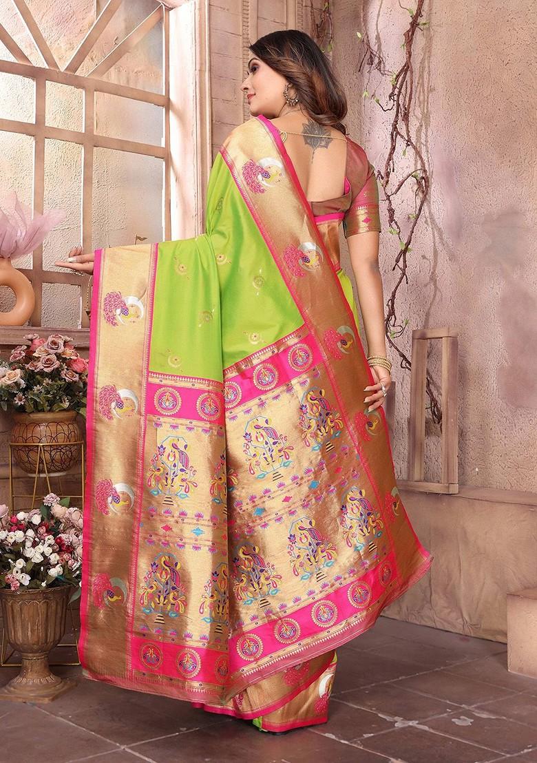 Green Zari Printed Blended Saree Set - Indya