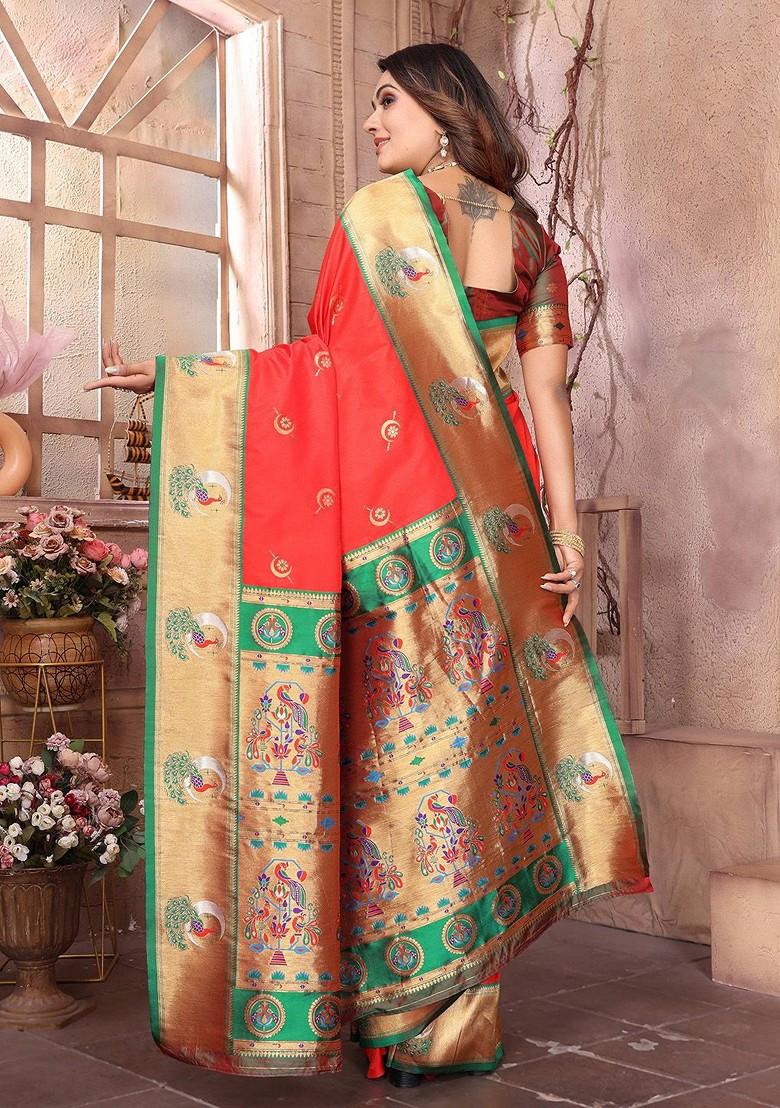 Red Zari Printed Blended Saree Set - Indya