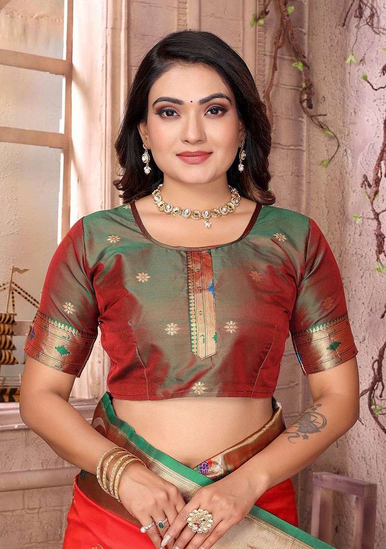 Red Zari Blended Saree Set with Printed for Diwali | Wedding & Festive Wear - Indya