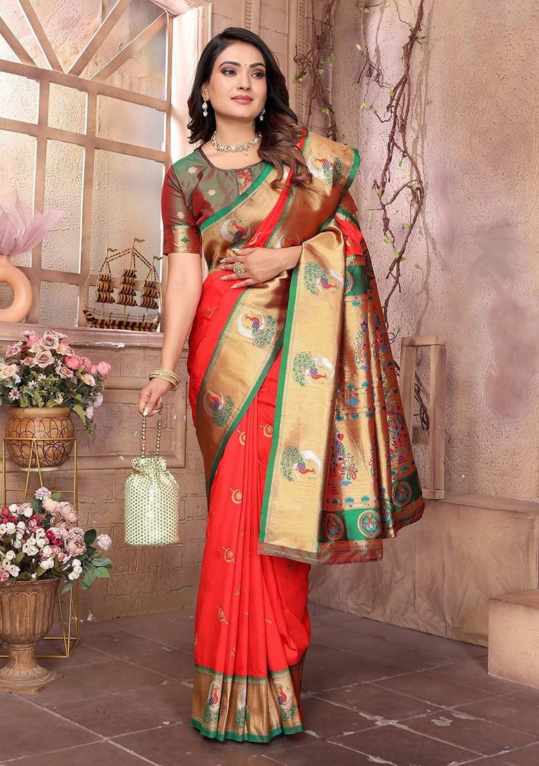 Red Zari Printed Blended Saree Set - Indya