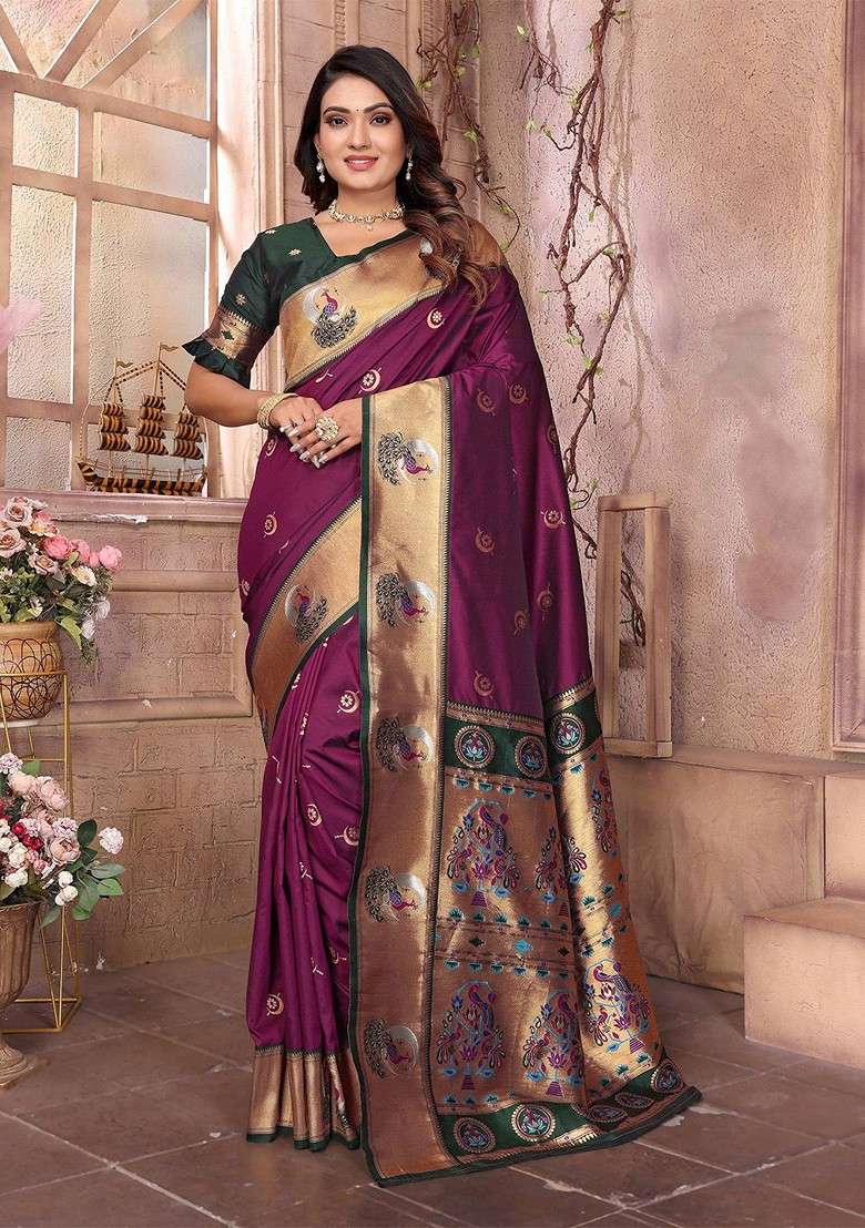 Burgundy Zari Blended Saree Set with Printed for Diwali | Wedding & Festive Wear - Indya