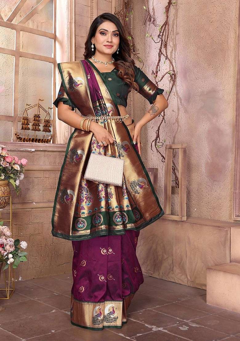 Burgundy Zari Blended Saree Set with Printed for Diwali | Wedding & Festive Wear - Indya