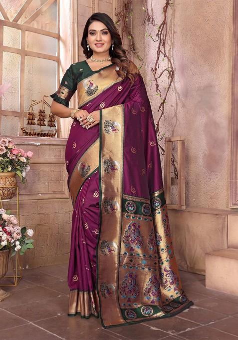 Burgundy Zari Printed Blended Saree Set