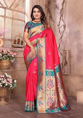Pink Zari Printed Blended Saree Set
