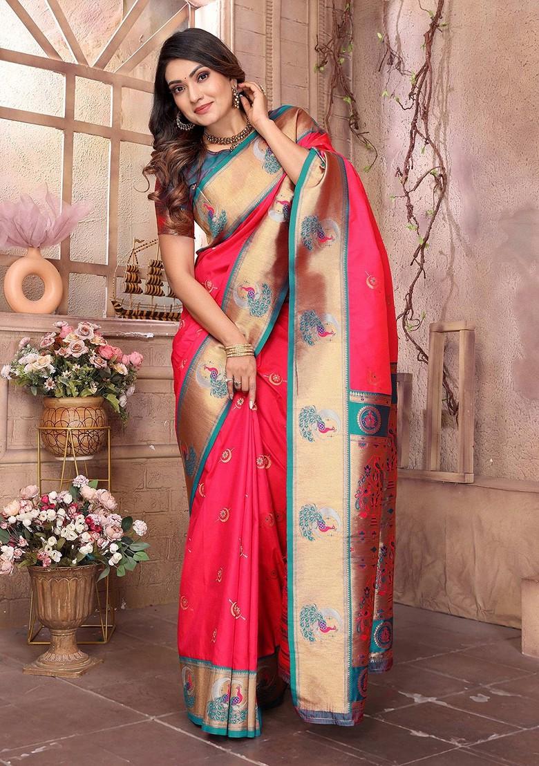 Pink Zari Printed Blended Saree Set - Indya
