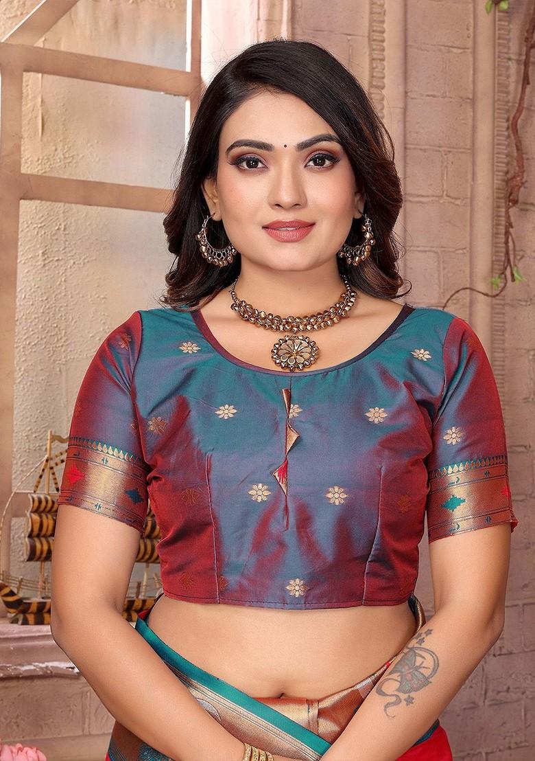 Pink Zari Printed Blended Saree Set - Indya