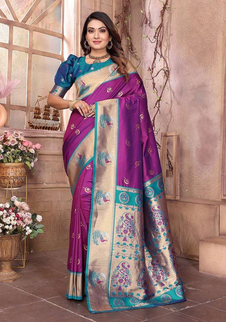 Purple Zari Blended Saree Set with Printed for Diwali | Wedding & Festive Wear - Indya