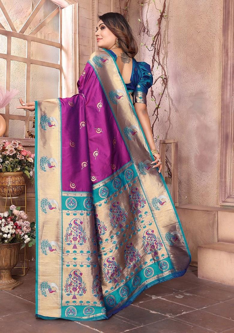 Purple Zari Printed Blended Saree Set - Indya