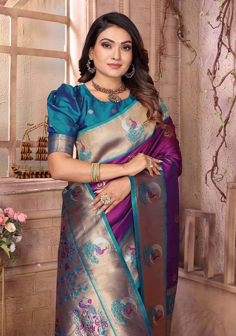 Purple Zari Blended Saree Set with Printed for Diwali | Wedding & Festive Wear - Indya