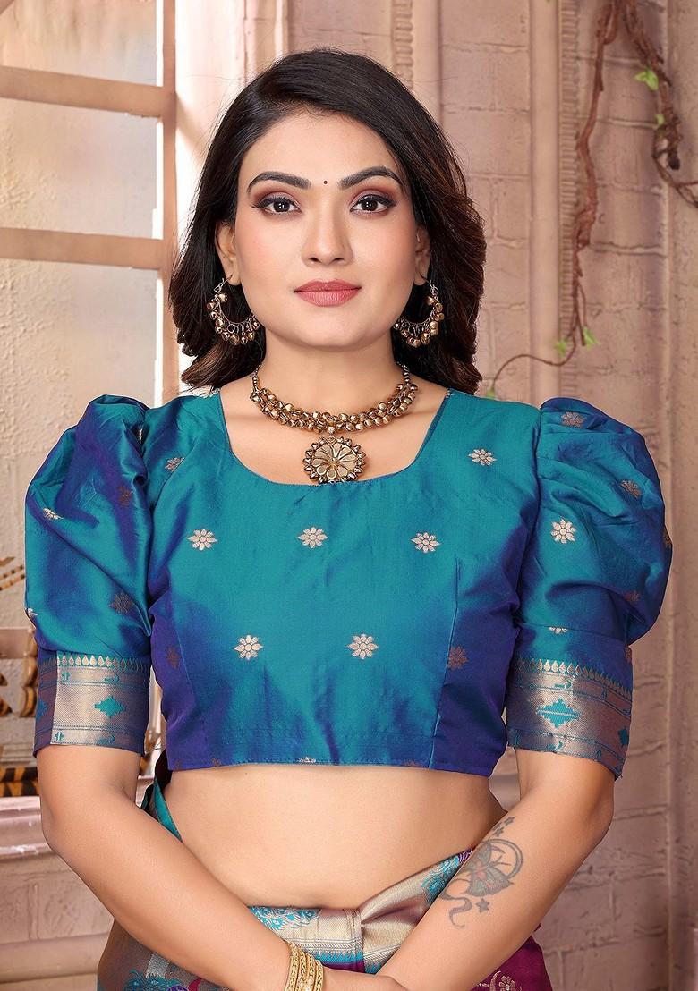 Purple Zari Printed Blended Saree Set - Indya