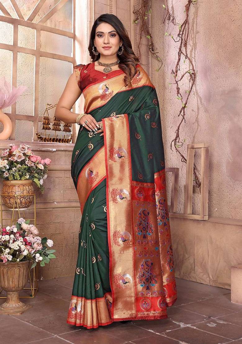 Green Zari Blended Saree Set with Printed for Diwali | Wedding & Festive Wear - Indya