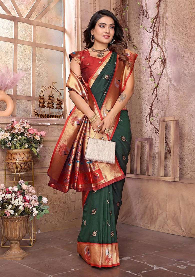 Green Zari Blended Saree Set with Printed for Diwali | Wedding & Festive Wear - Indya