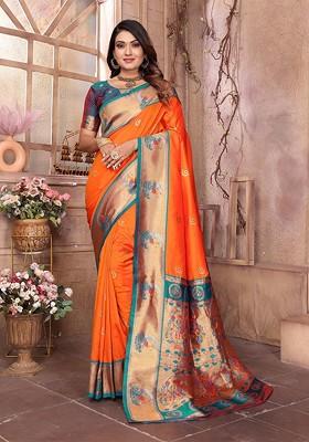 Orange Zari Printed Blended Saree Set