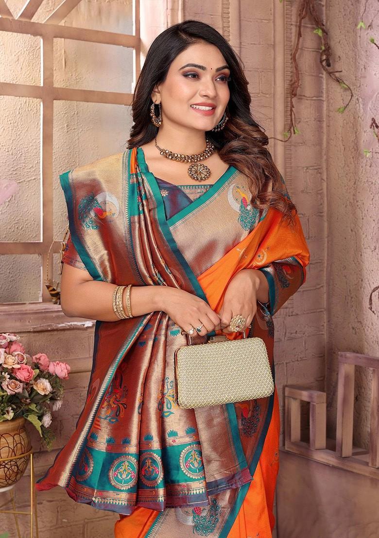 Orange Zari Printed Blended Saree Set - Indya
