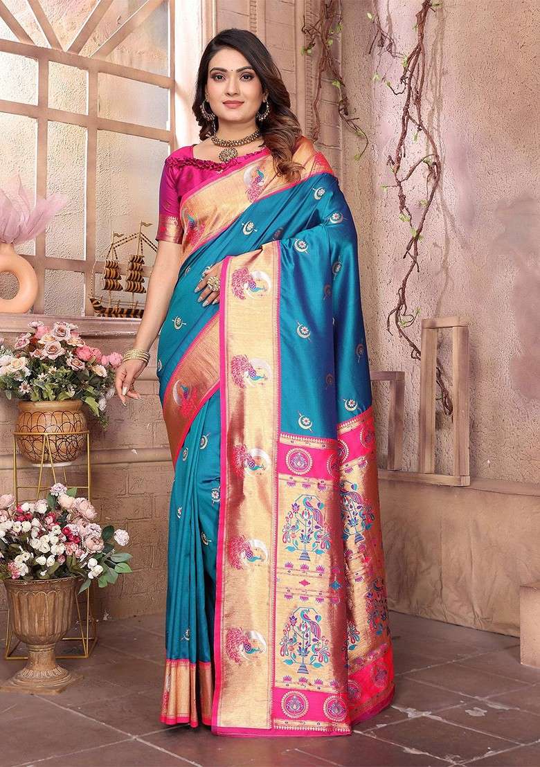 Blue Zari Printed Blended Saree Set for Diwali and Festive Wear - Indya
