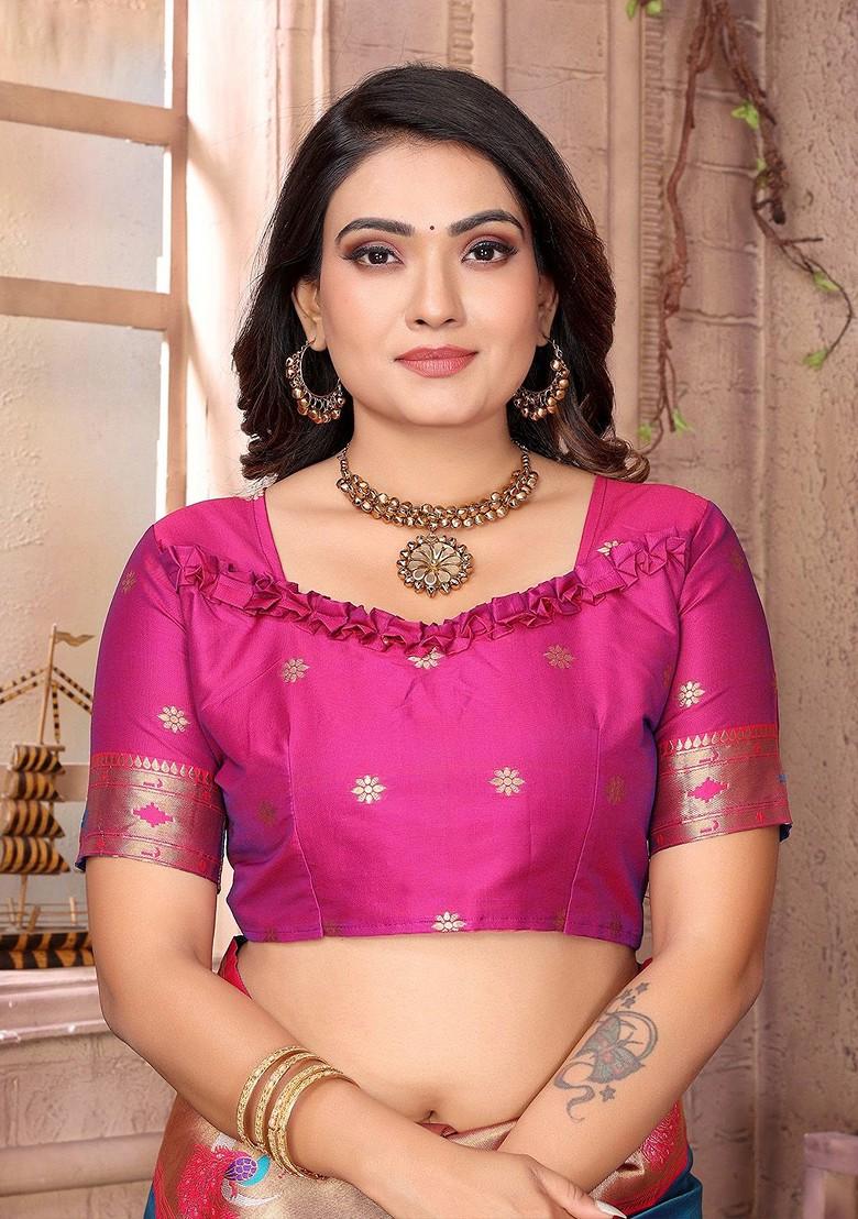 Blue Zari Printed Blended Saree Set - Indya