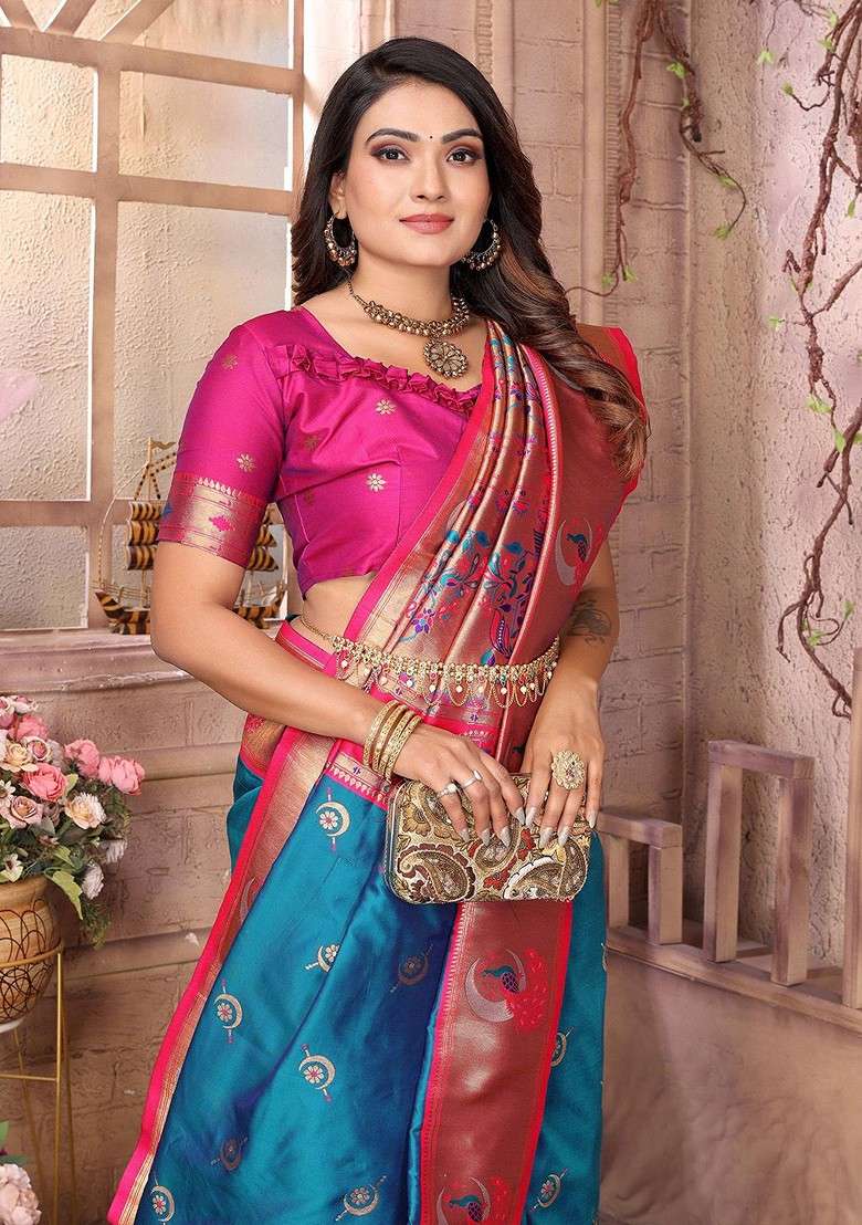 Blue Zari Printed Blended Saree Set for Diwali and Festive Wear - Indya