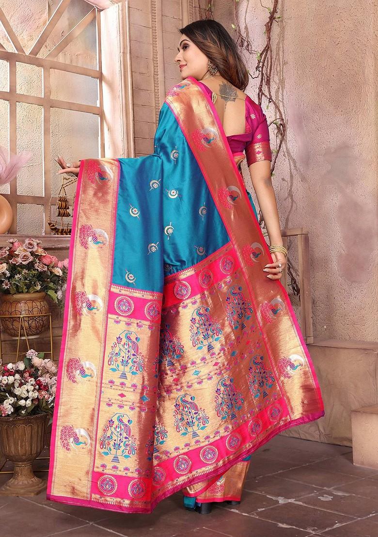 Blue Zari Printed Blended Saree Set - Indya