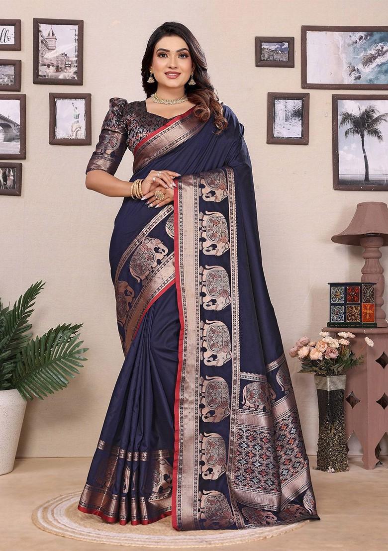 Blue Zari Printed Blended Saree Set - Indya
