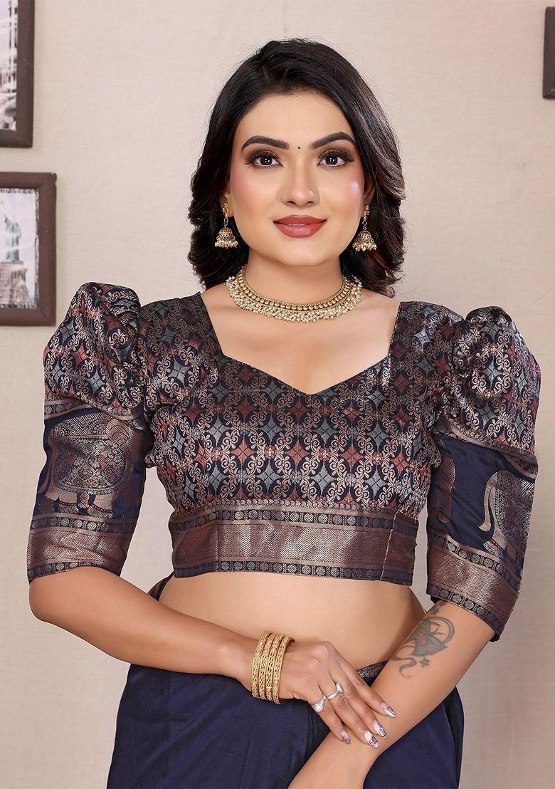 Blue Zari Printed Blended Saree Set - Indya