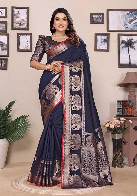 Blue Zari Printed Blended Saree Set