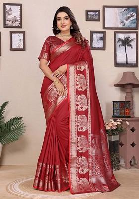 Red Zari Printed Blended Saree Set
